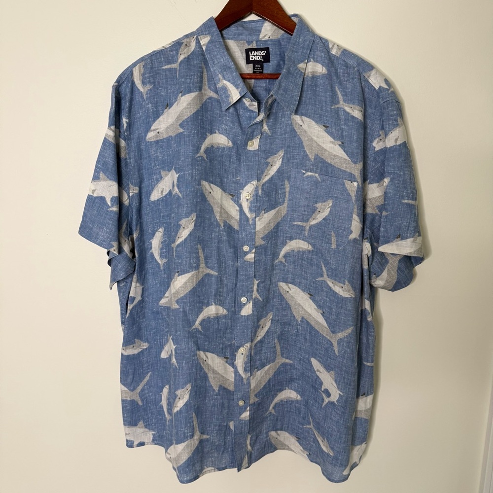 Lands' End 100% Linen Blue Shark Novelty Print Casual Shirt Size XXL